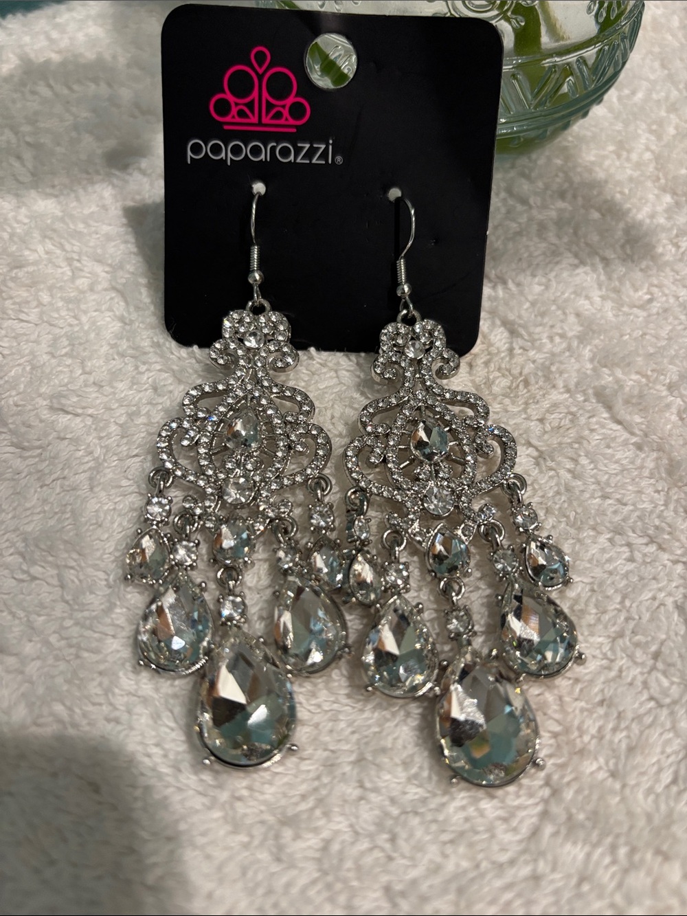 paparazzi Silver Teardrop Crystal Chandelier Earrings